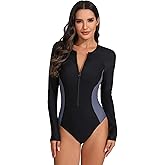ABAFIP Women Long Sleeve Rash Guard Swimsuit Color Patchwork Zip One Piece Bathing Suit Swimwear