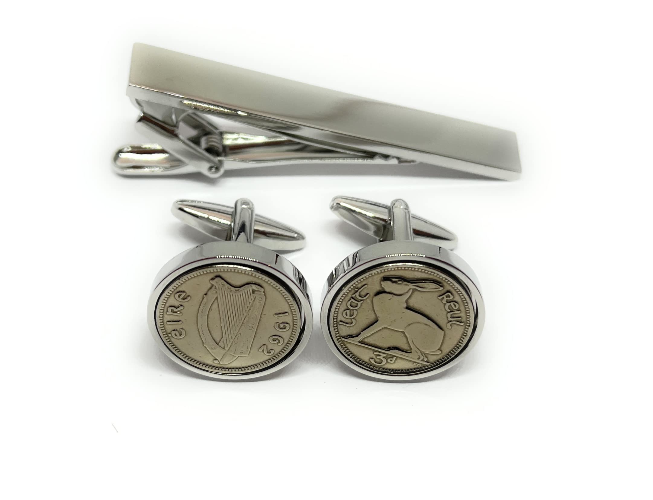 Premium 1962 Lucky sixpence cufflinks for a 64th Birthday cufflinks and Silver Plated Tie Clip Set