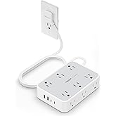 TESSAN Flat Plug Power Bar, Surge Protector Extension Cord 10FT with 12 AC Outlets Extender and 4 USB Ports (2 USB C), Multip