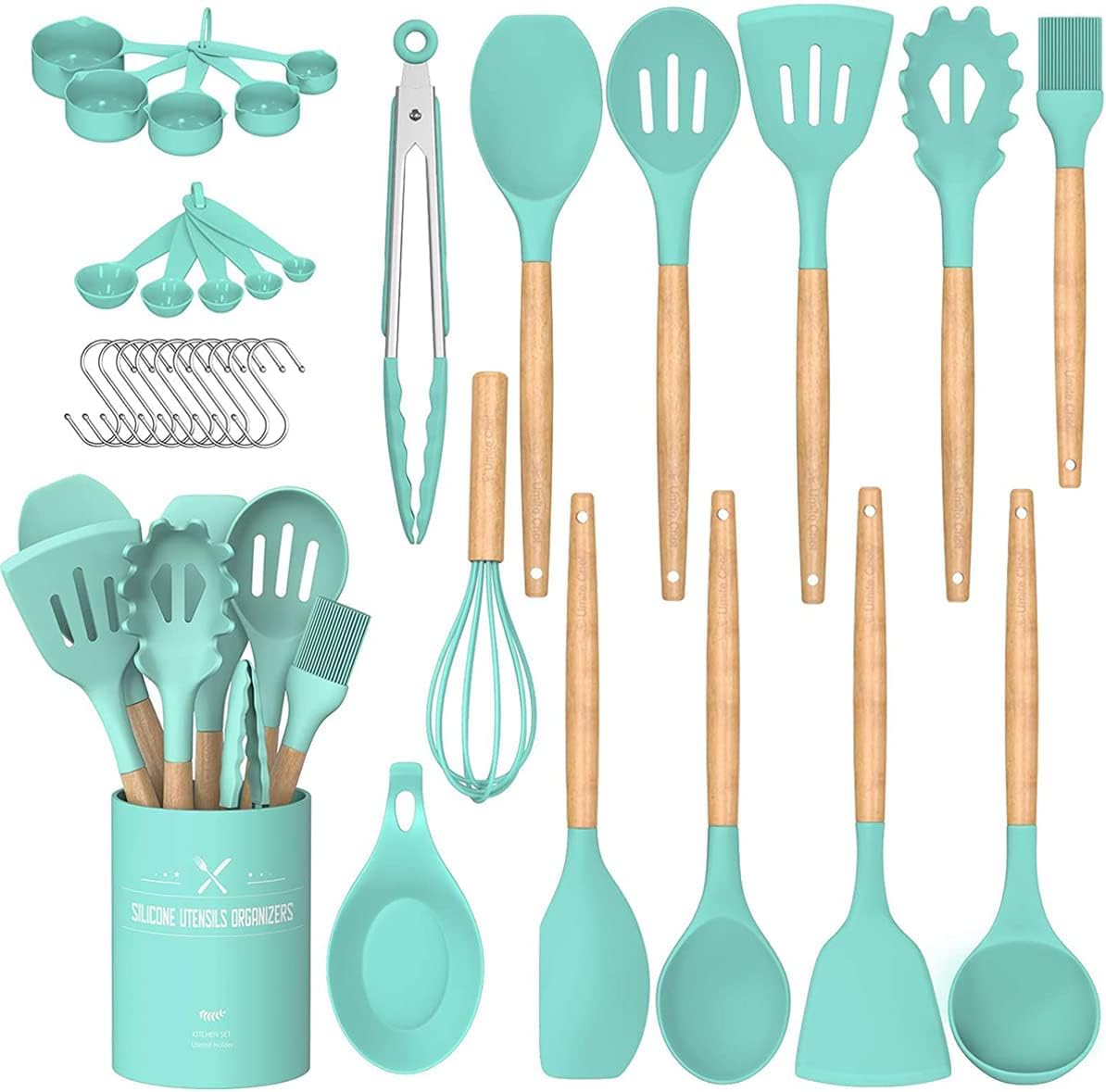 Umite Chef Kitchen Utensils Set, Non-Stick Silicone Kitchen Utensils, Spatula Set with Holder, Wooden Handle, Heat Resistant Silicone, 24 Pieces, Green — image 1
