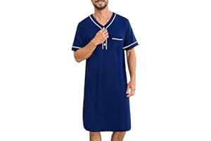 SWOMOG Mens Nightgown Short Sleeve Lounge, Sleep Henley Shirt Pajama Big & Tall Nightshirt Comfy Nightwear M-3XL