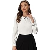 Allegra K Long Sleeve Blouse for Women's Button Decor Contrast Trim Peter Pan Collar Office Work Top