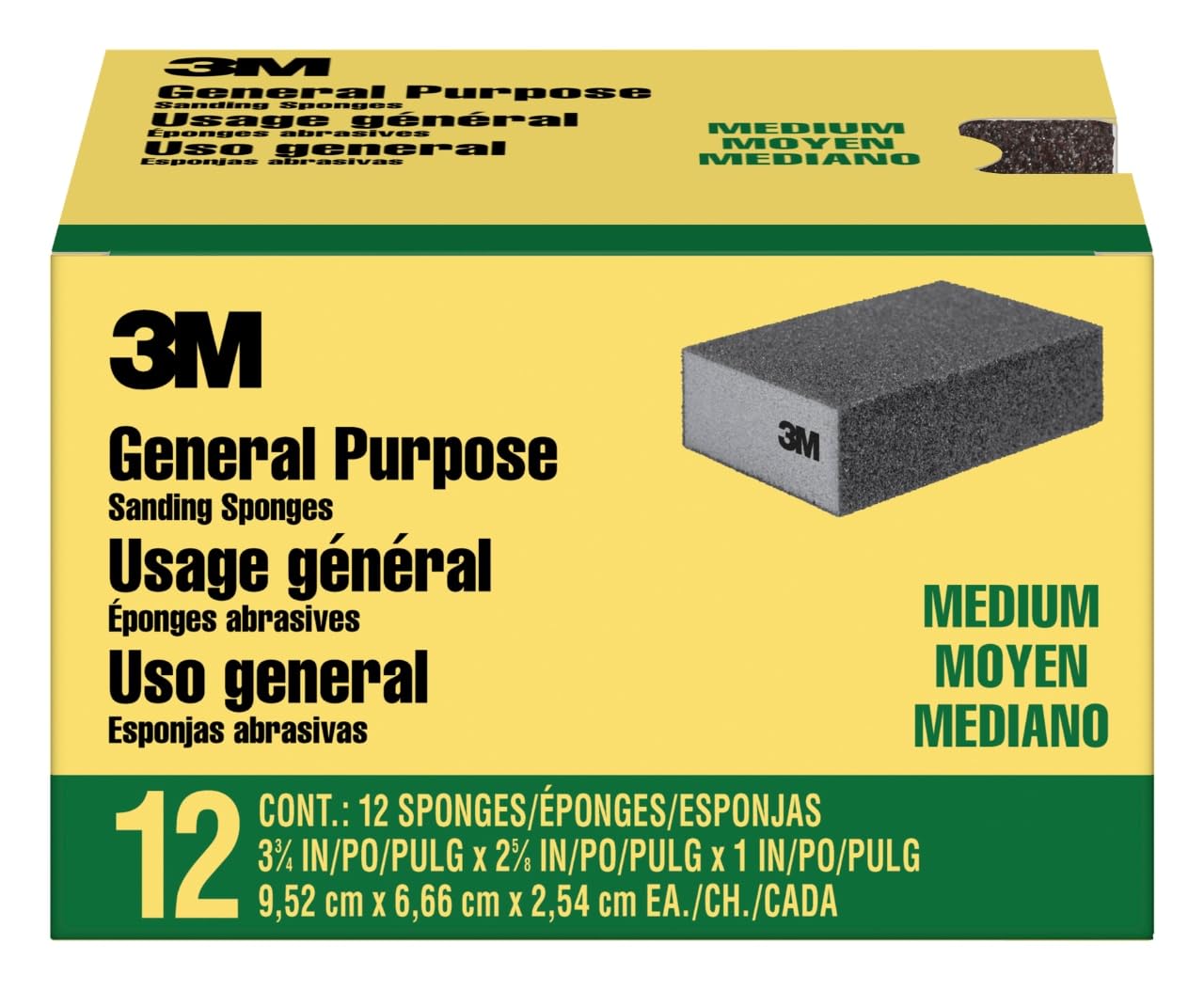 3M Sanding Sponge, 3 3/4 in x 2 5/8 in, Medium, 12-Pack