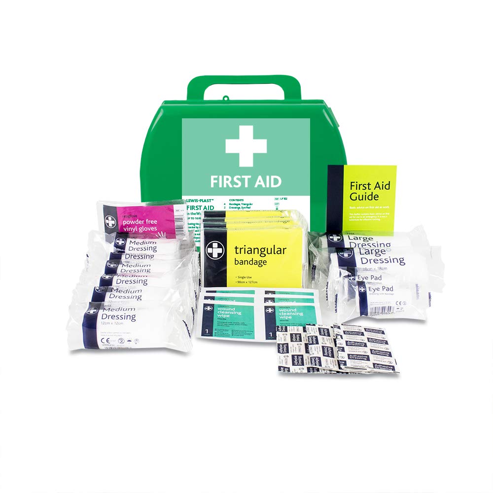 LEWIS-PLAST Premium Small 1-10 Persons Polypropylene First Aid Box - Complete with Integrated Carry Handle and Unique Flip-up Wall Mounting System - Meets Health & Safety Executive Guidelines