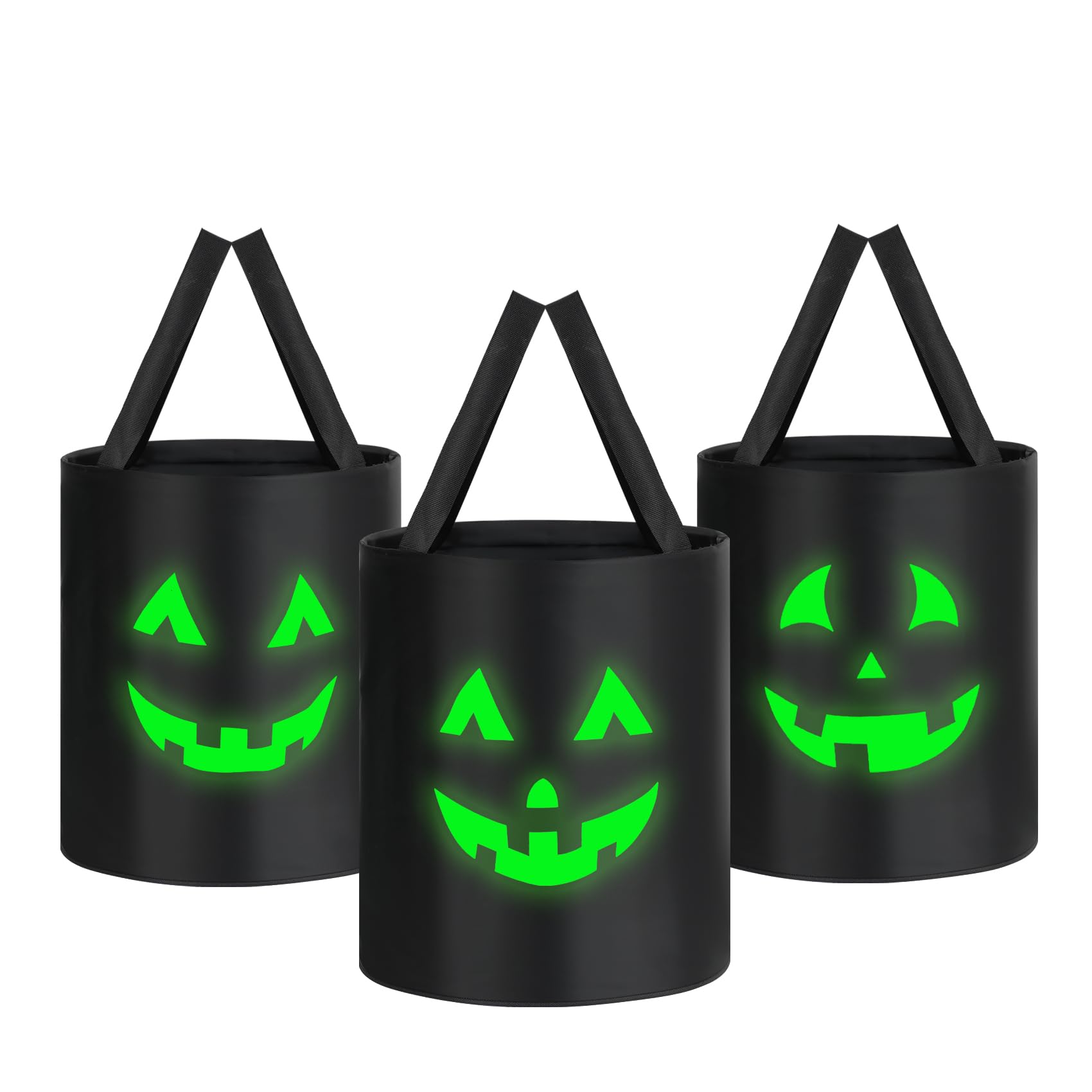 Photo 1 of 3Pcs Luminous Halloween Trick or Treat Bags for Kids Collapsible Reusable Candy Basket Glow in The Dark Canvas Candy Bucket Halloween Party Gifts