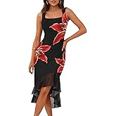 MEROKEETY Women's 2026 Summer Floral Bodycon Dress Square Neck Sleeveless Ruffle Cocktail Mesh Beach Vacation Midi Dresses