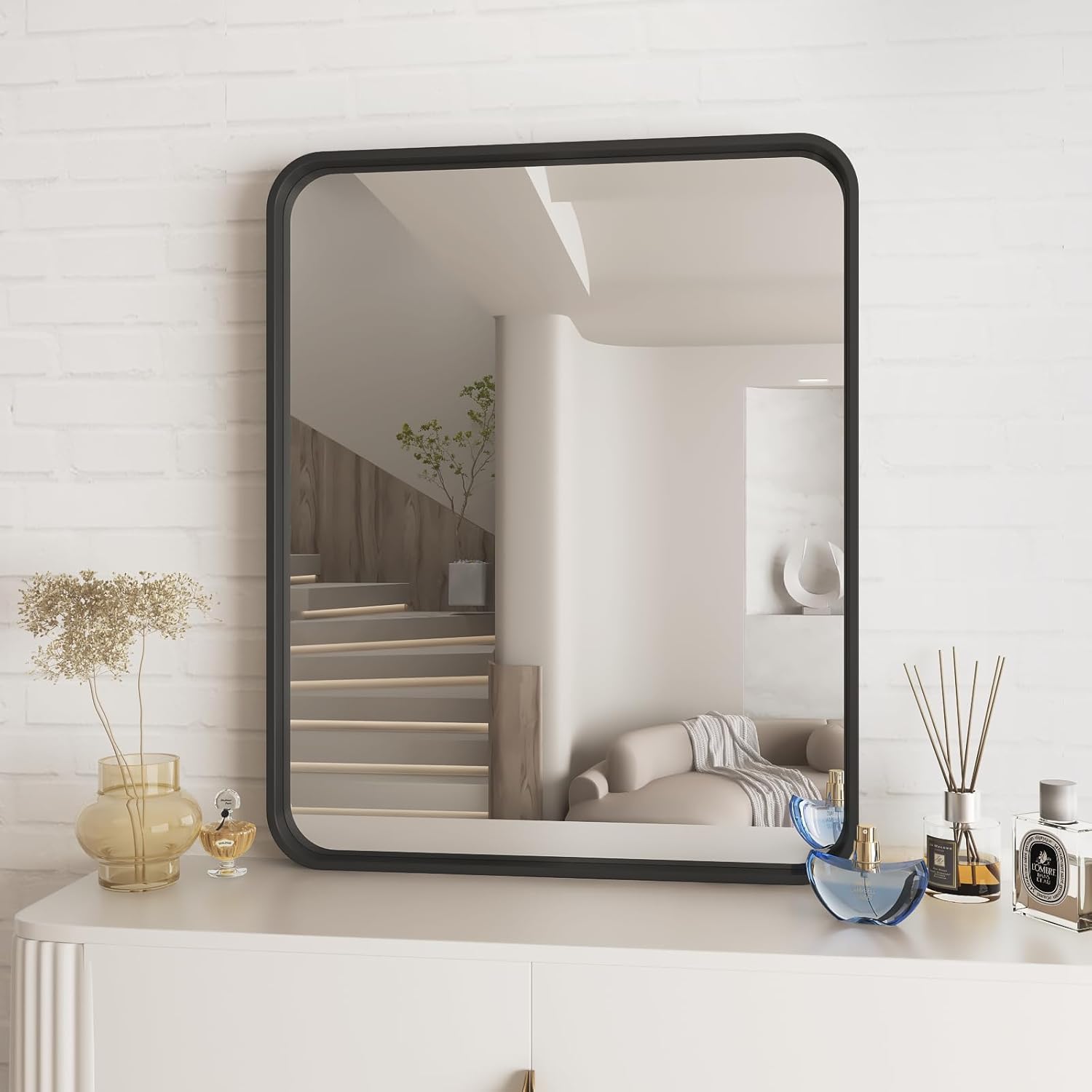 Mirrors - CHAMROR 16x20 Inch Black Metal Framed Bathrrom Mirror for Wall, Black Rounded Rectangle Mirror, Matte Black Bathroom Vanity Mirror, Anti-Rust, Tempered Glass, Hangs Horizontally or Vertically