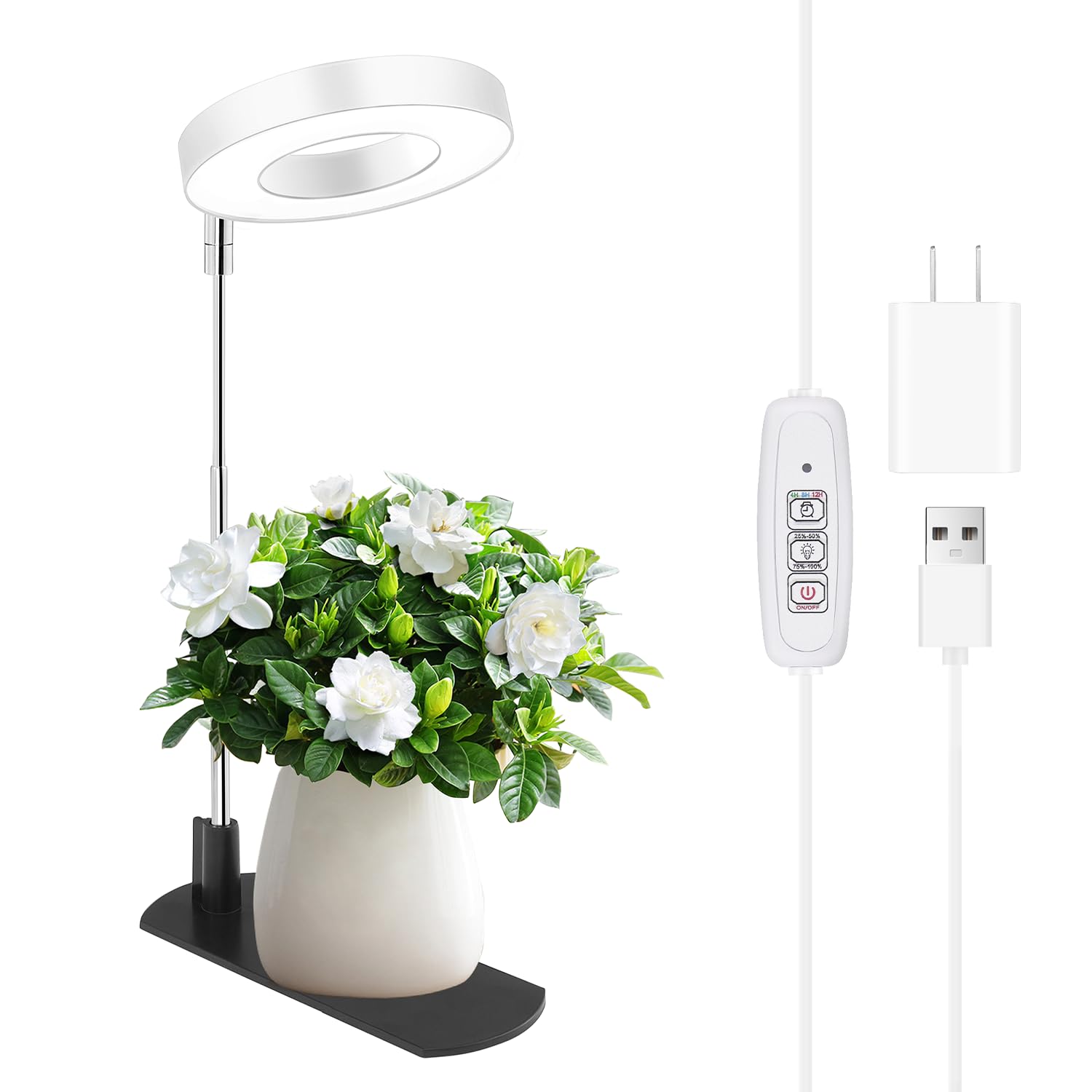 Photo 1 of LBW Grow Light for Indoor Plants, Full Spectrum Halo Plant Grow Light with Base, Height Adjustable Plant Growing Lamp with Auto On/Off Timer 4/8/12H, 4 Dimmable Brightness, for Small Plants, White