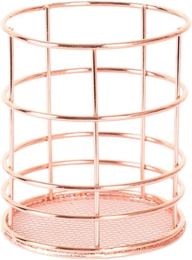 Desk Pen Cup Holder Rose Gold Pencil Holder Openwork Round Wire Metal Desk Organizer Pen Container Pot Stationery Storage Holder Basket for Office Home School Classroom - Image 4