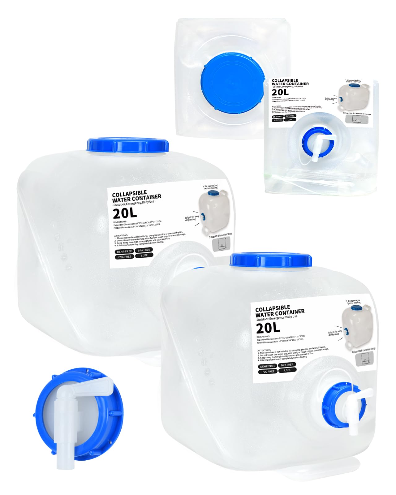 Photo 1 of 2 Pack 5.3 Gallon Collapsible Water Container Camping Water Container with Spigot,Portable Collapsible Water Jug Water Storage Containers for Outdoors Traveling Emergency,1 Extra Spigot Provided