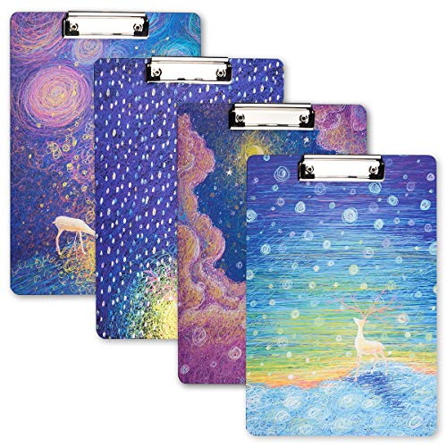 WIWAPLEX Cute Clipboard, Cat/Elk Printed A4 Clipboard, Standard Size Paperboard Clipboard Low Profile Clip, 9"x12.5" Paper Clipboard, File Holder for Writing Drawing, 4Pack (Elk Printing Clipboard)