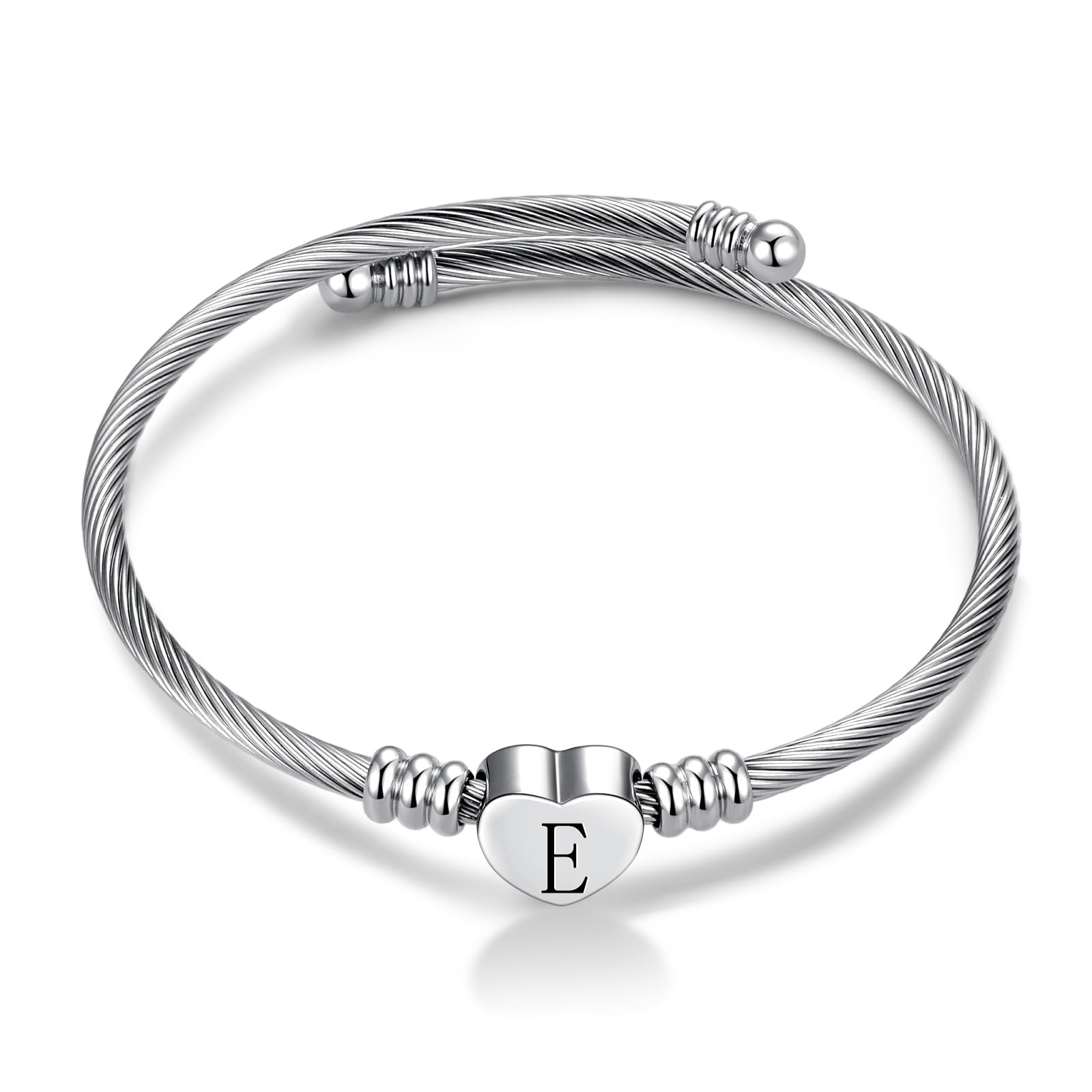 FGT E Initial Love Heart Letter Cuff Bangle Bracelets for Women Name Family Birthday Christmas Stainless Steel Alphabet Silver