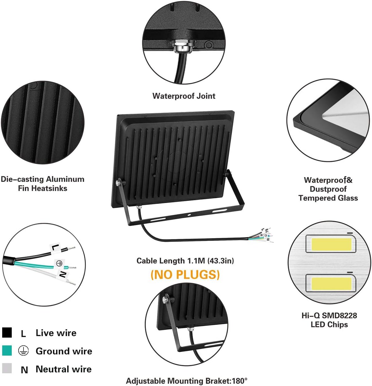 SOLLA 100W LED Flood Light, IP66 Waterproof, 8000lm, 550W Equivalent, Super Bright Outdoor Security Lights, 3000K Warm White, Outdoor Floodlight for Garage, Garden, Lawn and Yard - - 