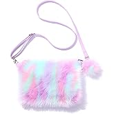 JUMISEE Fluffy Faux Fur Crossbody Purse for Kids Girls Women Tie Dye Rainbow Shoulder Bag Handbag Wallet