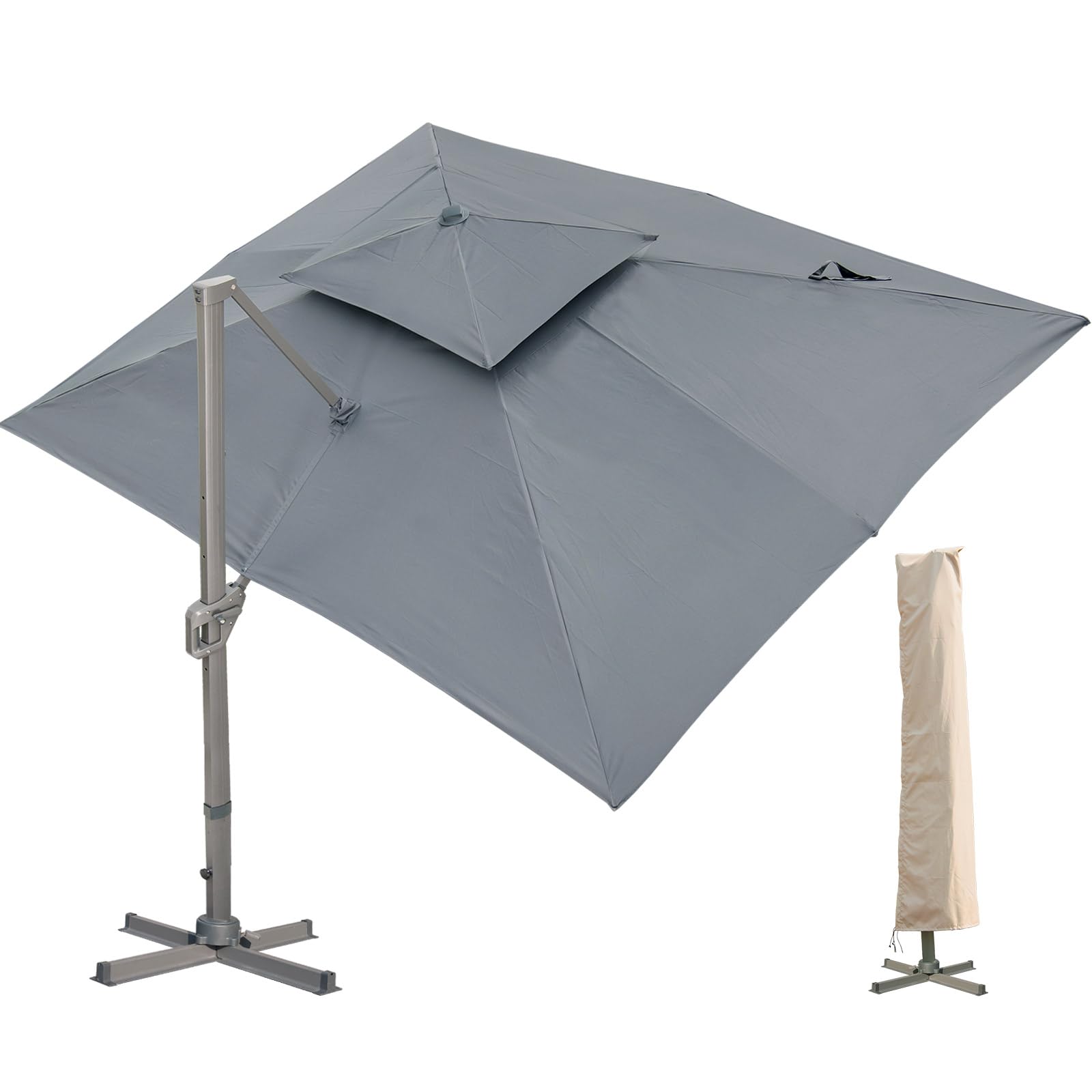 LKINBO Sonnenschirm 300 x 400 cm Rechteckig mit Ständer und Kurbel, Groß Ampelschirm Terrassenschirm 360°Drehbar Parasol Windfest Gartenschirm Wasserdicht Marktschirm für Garten Deck Outdoor, Grau