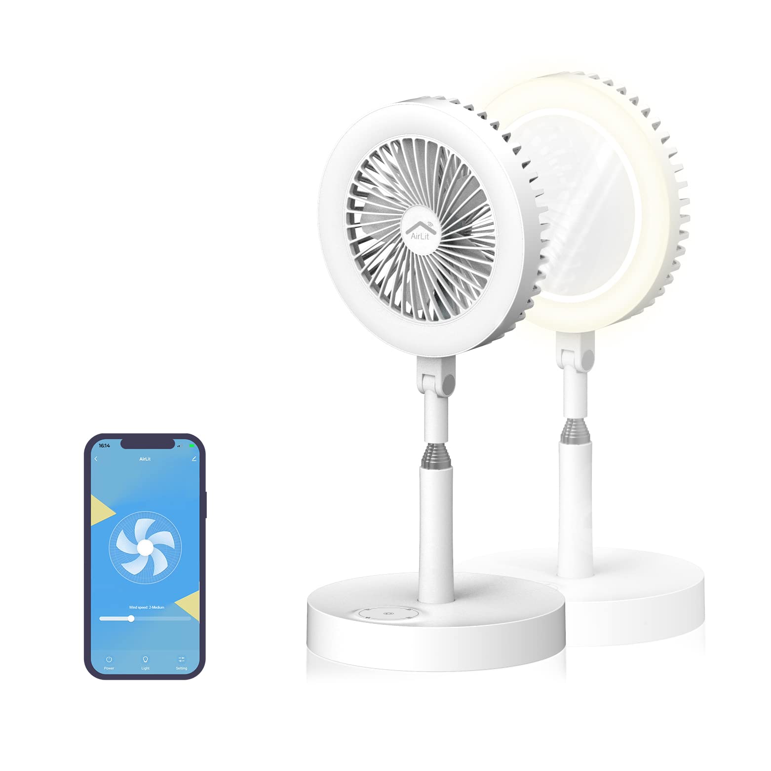 GeoSmartPro AirLit - Portable Standing Fan With LED light, app-controlled, 10,000mAh Rechargeable Battery USB Powered, Height Adjustable, Voice Assistant. Accessories: Mobile Holder, Magnetic mirror.