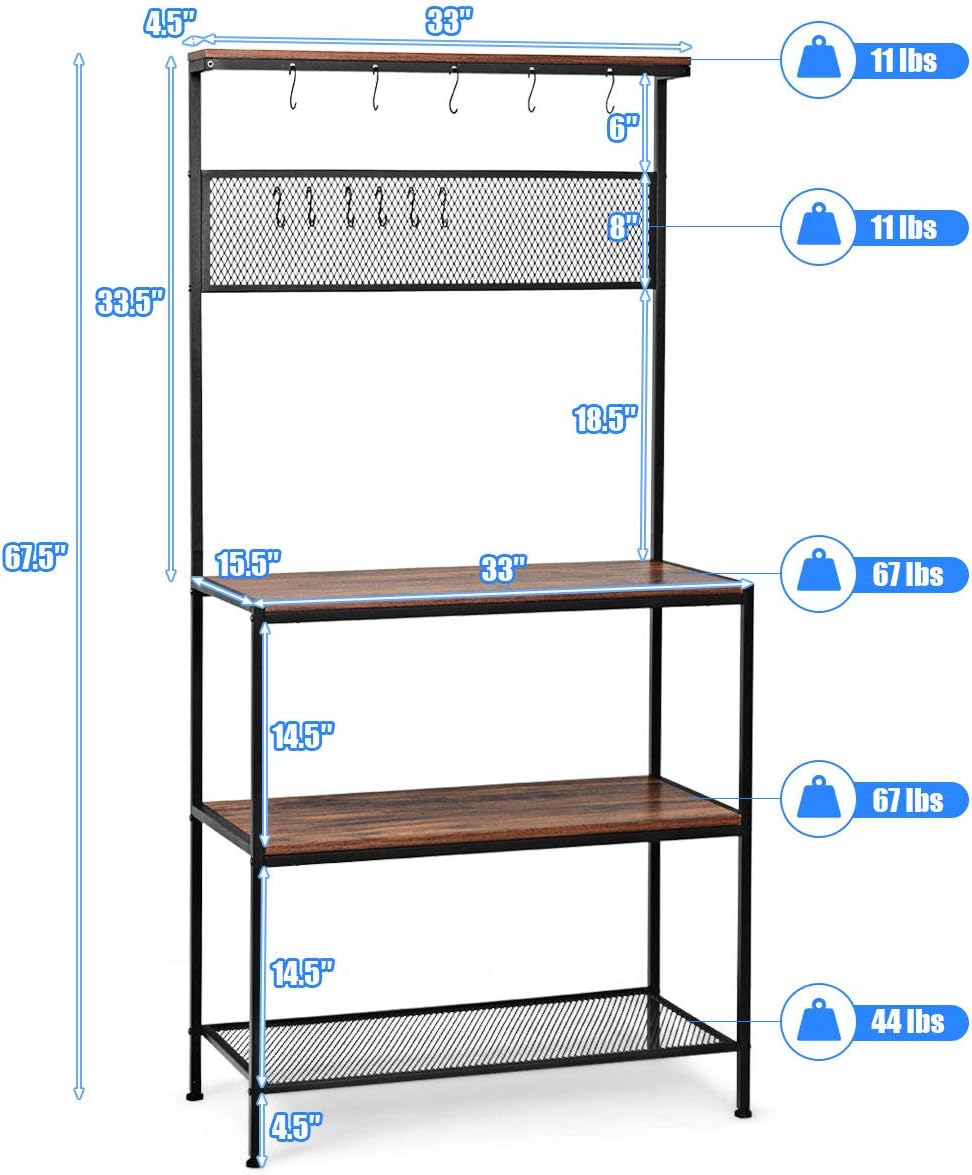 Giantex Kitchen Baker's Rack, Industrial Microwave Oven Stand, Mesh Panel with 11 Hooks, Storage Shelves for Utensils, Metal Frame, Standing Cupboard, Easy Assembly (Rustic Brown) - Standing Baker's Racks
