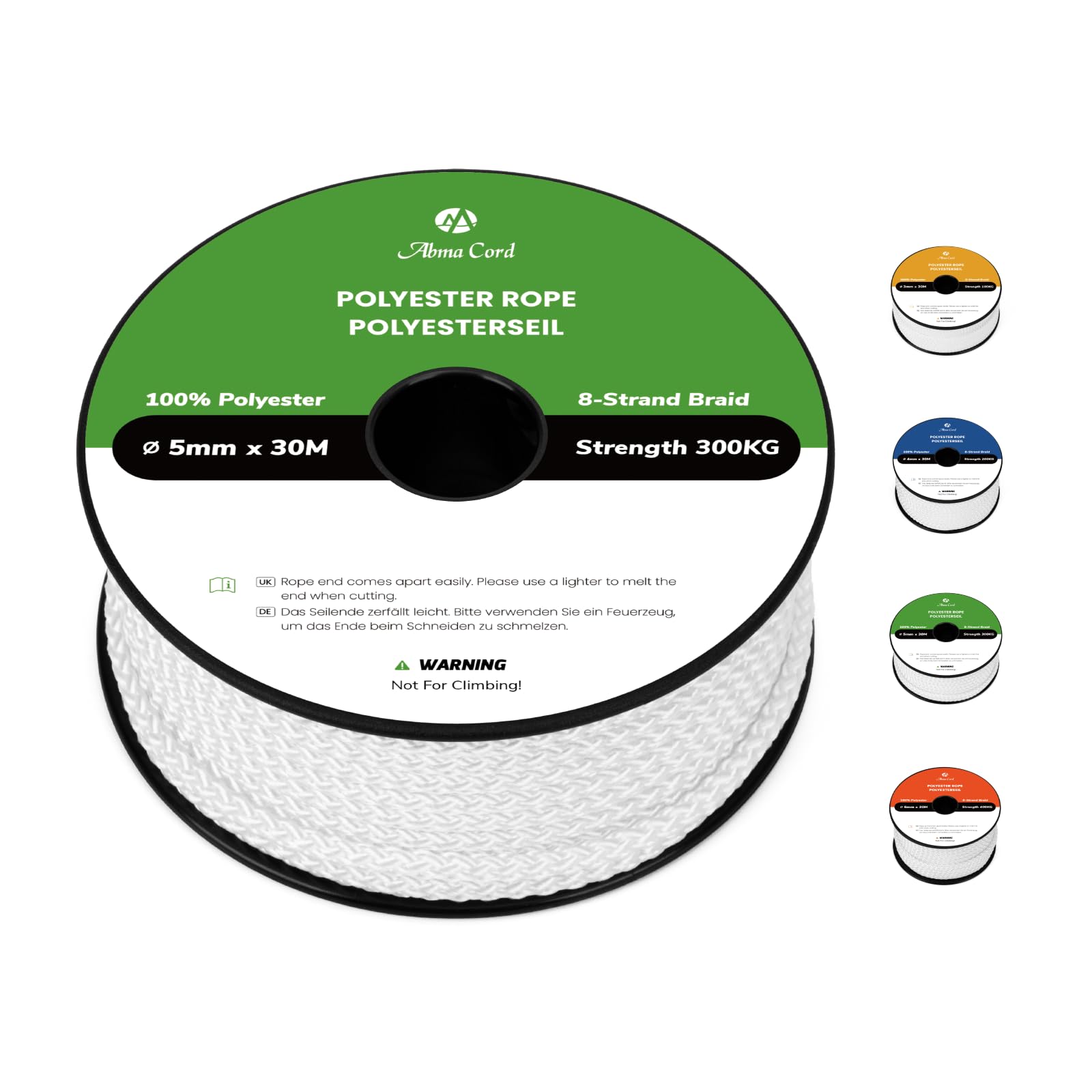 Abma Cord Polyester Rope 5mm x 30m Diamond Braided Cord on Spool - White