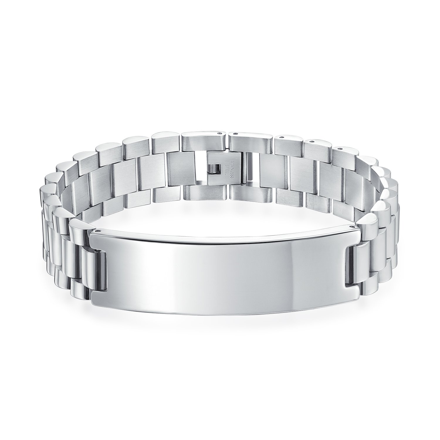 Bling Jewelry Customizable Identification Tag Name Plated Curb Watchband ID Bracelet For Men Personalized Name Engraved Silver Tone Stainless Steel 8 Inch