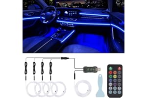 QVEVDACAR Interior Car LED Lights with Button/Remote Control, 5 in 1 USB Ambient Lighting Kit with Fiber Optic, Music Mode Neon Light Strip for Car Door Center Console Decoration