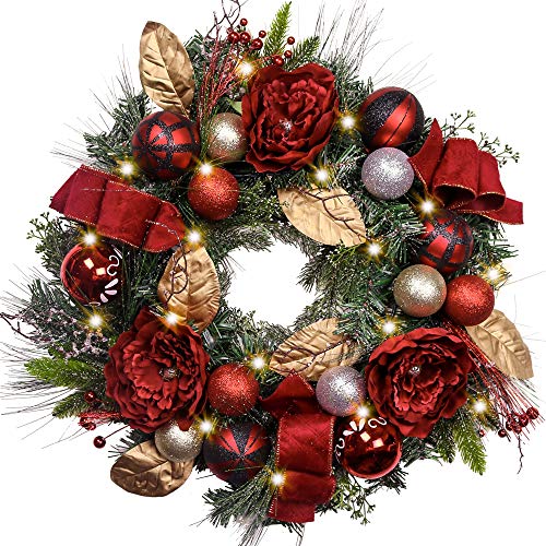 Valery Madelyn Pre-Lit 24" Trendy Red and Black Christmas Wreath with Ball Ornaments and Ribbon, Battery Operated 20 LED Lights - Thumbnail 7