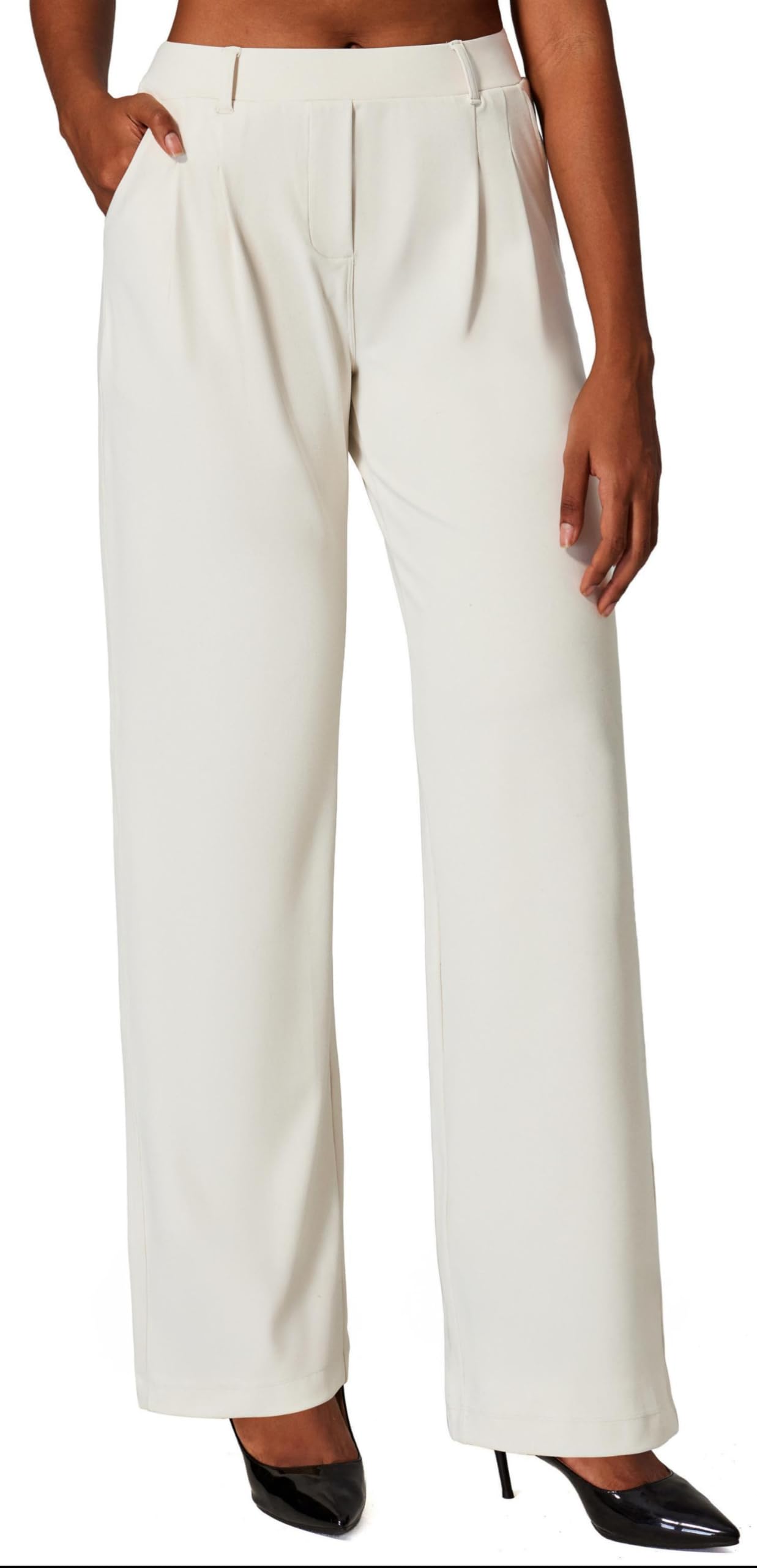 Heathyoga Womens Dress Pants Pull On Wide Leg Stretchy Work Pants Women Business Casual Outfits Slacks for Women Trousers Light Ivory Image