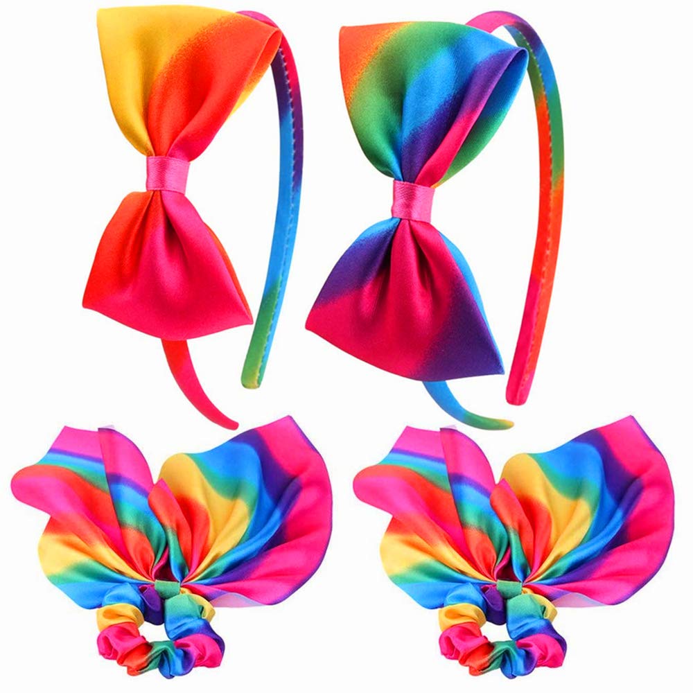 Juliyeh 4Pcs Rainbow Bow Headband Colorful Large Bowknot Rainbow Satin Covered Headbands Bunny Hair Scrunchies Rabbit Ear Bow Rainbow Hair Ropes Hair Accessories for Women Girl