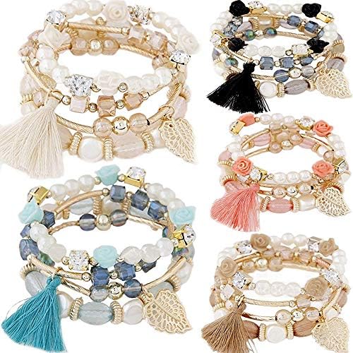 yunanwa 5 Pack Multilayer Bohemian Beaded Bangle Bracelet Crystal Charm Stretch Beach 7 PCS Set Boho Jewelry