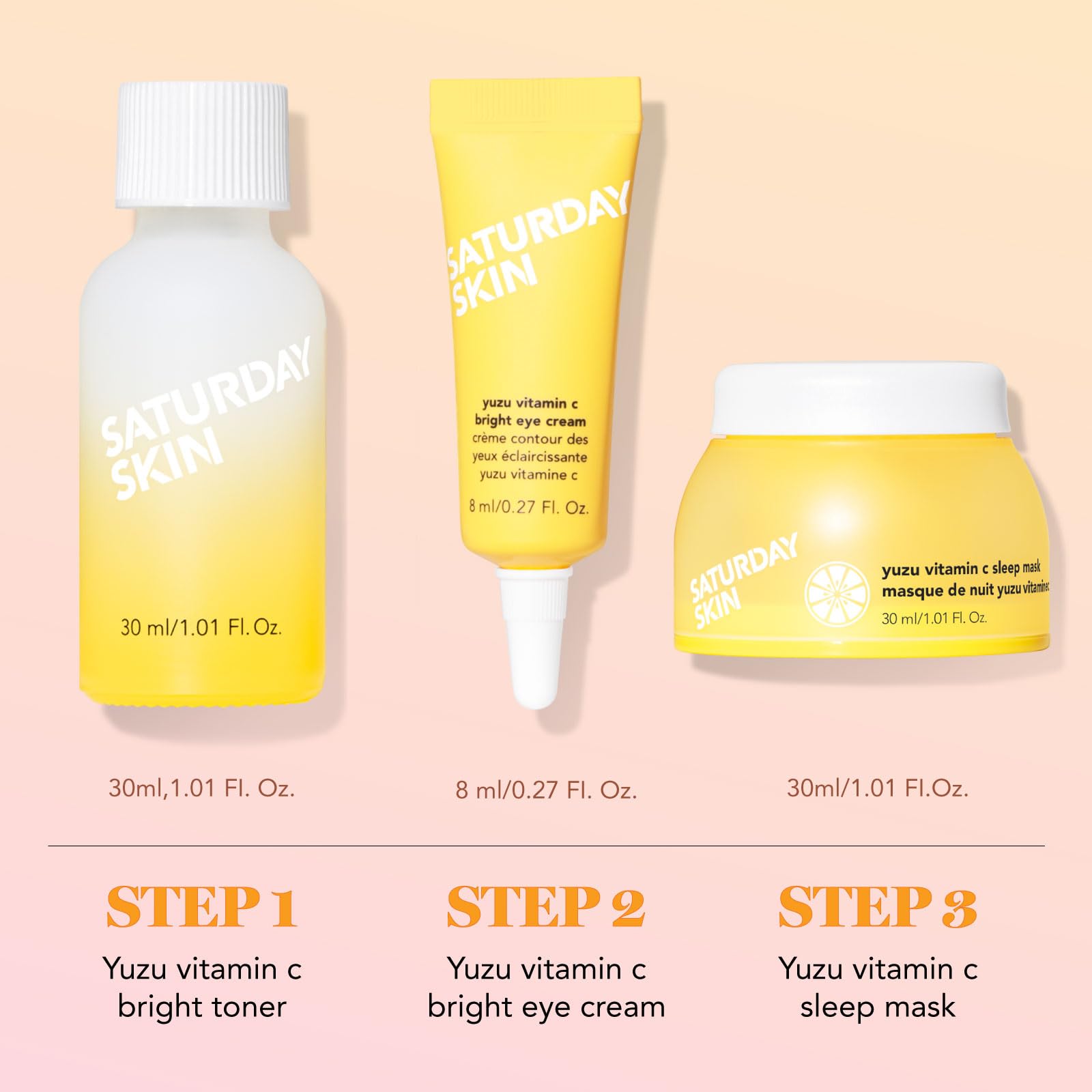 Saturday Skin 3-Piece Skin Care Set Yuzu Vitamin C Sleep Mask Yuzu Vitamin C Bright Toner and Eye Cream Overnight Facial Masks Korean Beauty Best Vitamin C Skincare Set