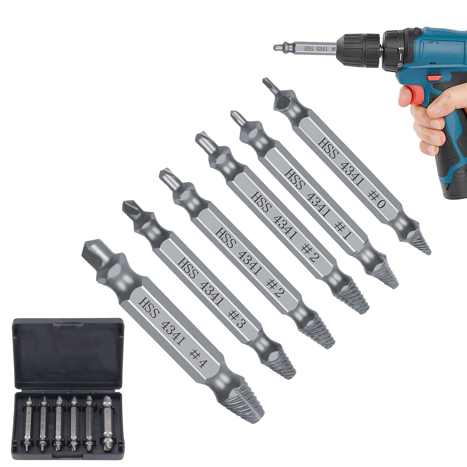 KAILEE 6Pcs Screw Extractor Damaged Screw Extractor Set Broken Bolt Extractor Set Kit Bolt Screw Remover Tool Set Drill Bit Tools Set for All Drills
