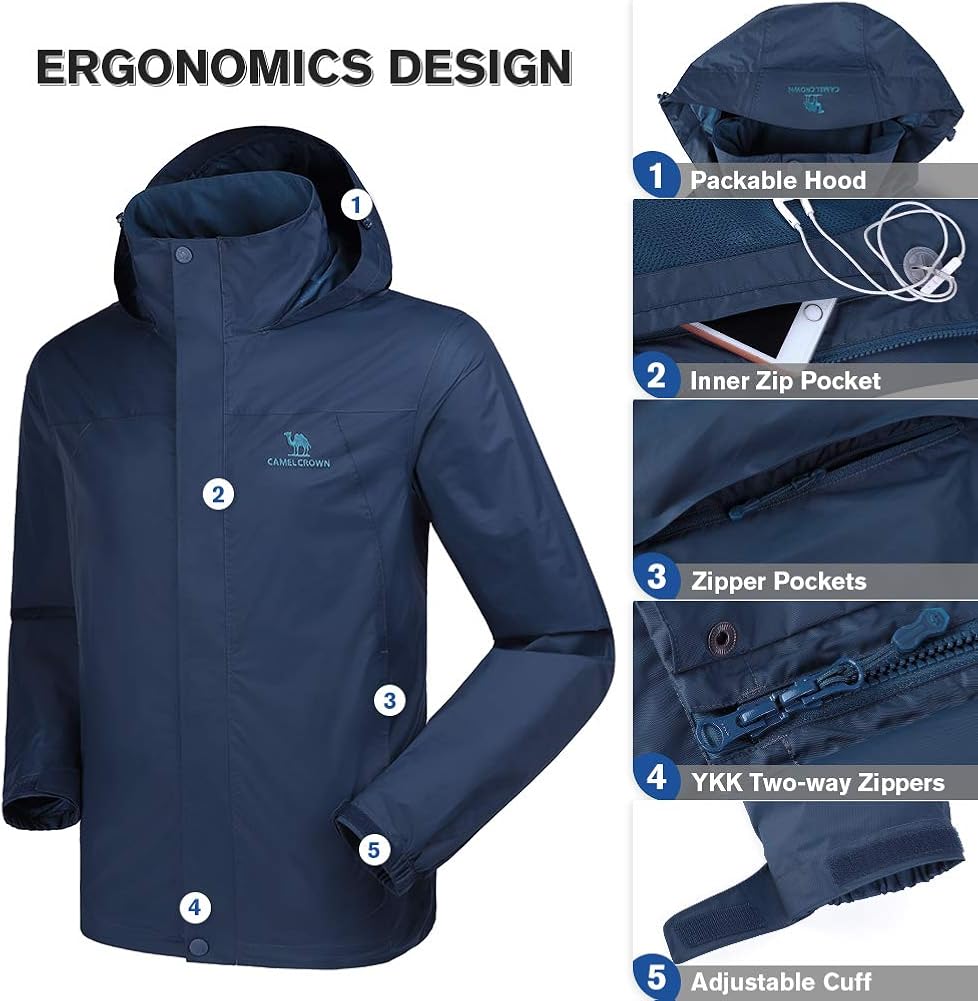 CAMEL CROWN Mens Waterproof Jacket Hooded Windbreaker Windproof Rain Coat Shell for Outdoor Hiking Climbing Traveling at  Men’s Clothing store