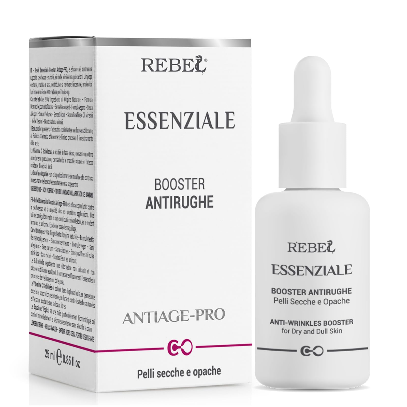 Rebel ESSENTIAL | Anti-Wrinkle Booster Face Serum | Illuminating Antioxidant | Bakuchiol and Vitamin C | Anti-Spots and Anti-Ageing | 99% natural origin | 25 ml dropper