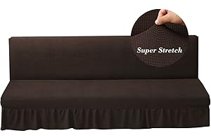 HFCNMY Stretch Armless Futon Cover with Skirt Knitted Jacquard Futon Sofa Bed Cover Machine Washable Futon Couch Cover Futon Sofa Cover Furniture Bed Protector with Elastic Bottom for Kids,Pets(Coffee)