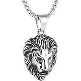 Men'S Gothic Punk Hip-Hop Rock 3D Lions Head Pendant Necklace,Eye Embellishment With Rhinestones,316L Stainless Steel Material, Silver Stainless Steel Square Pearl Chain, Vintage Amulet Jewelry