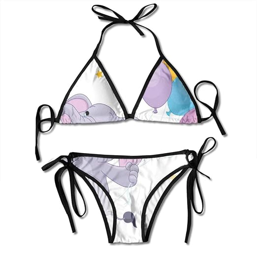 Women's Swimsuit Two Pieces Bikini Set? Happy Elephant with Colorful Balloons and Stars Cheerful Fun Kids Cartoon?Swimwear Ba