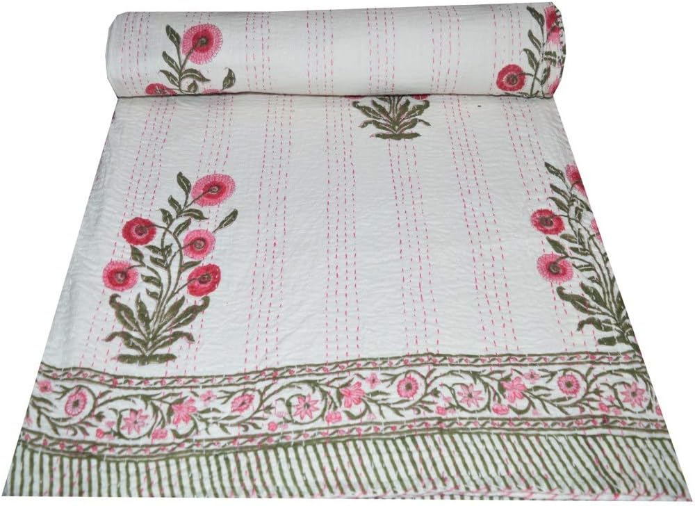 YUVANCRAFTS Indian Handmade Cotton Kantha Quilt Traditional Floral Print Twin Quilt Blanket Bedspreads Throw (White)