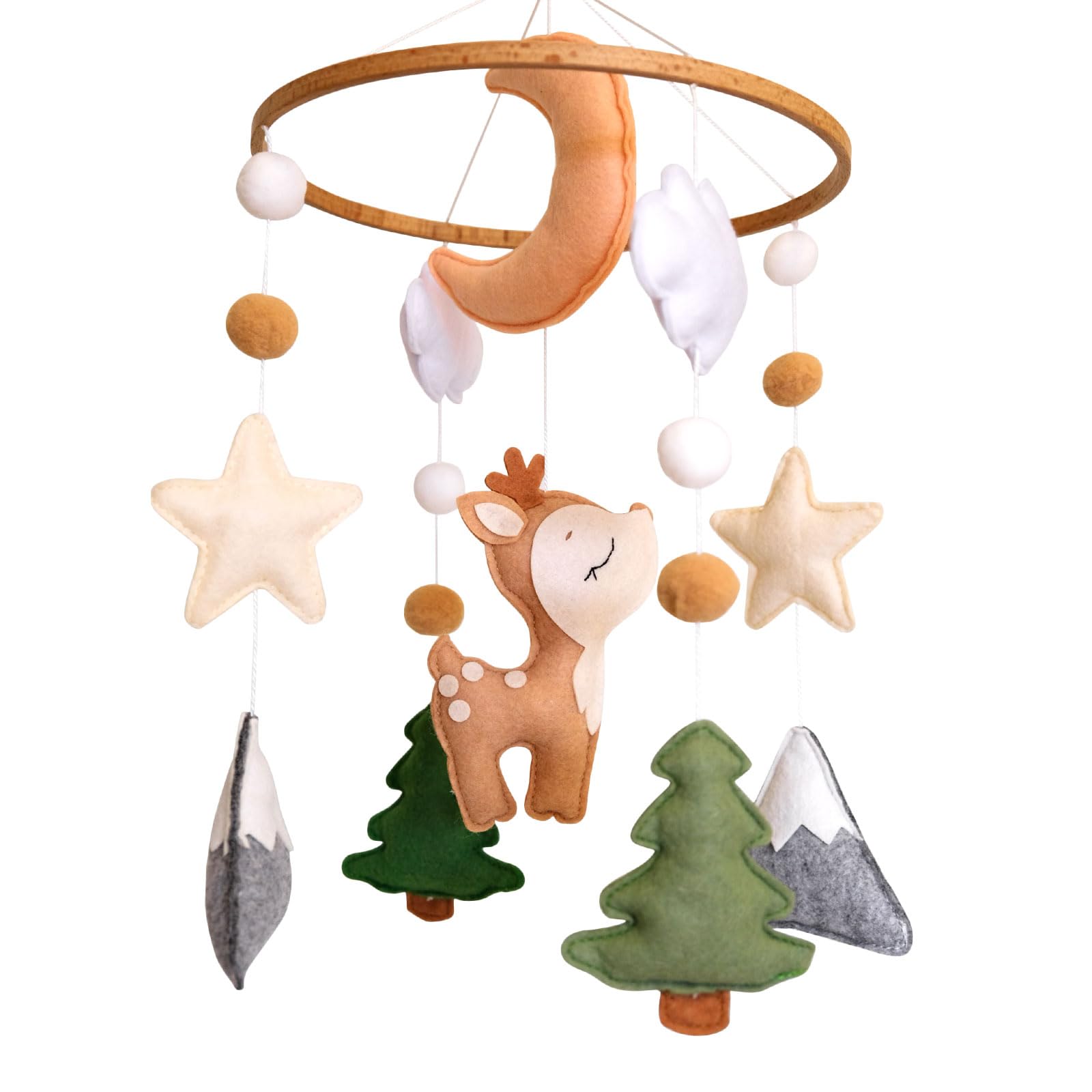 Photo 1 of Woodland Baby Crib Mobile, Deer Baby Mobile for Crib Boys & Girls, Fawn Nursery Mobile, Forest Theme Baby Nursery Decor, with Moon, Stars, Trees & Mountains