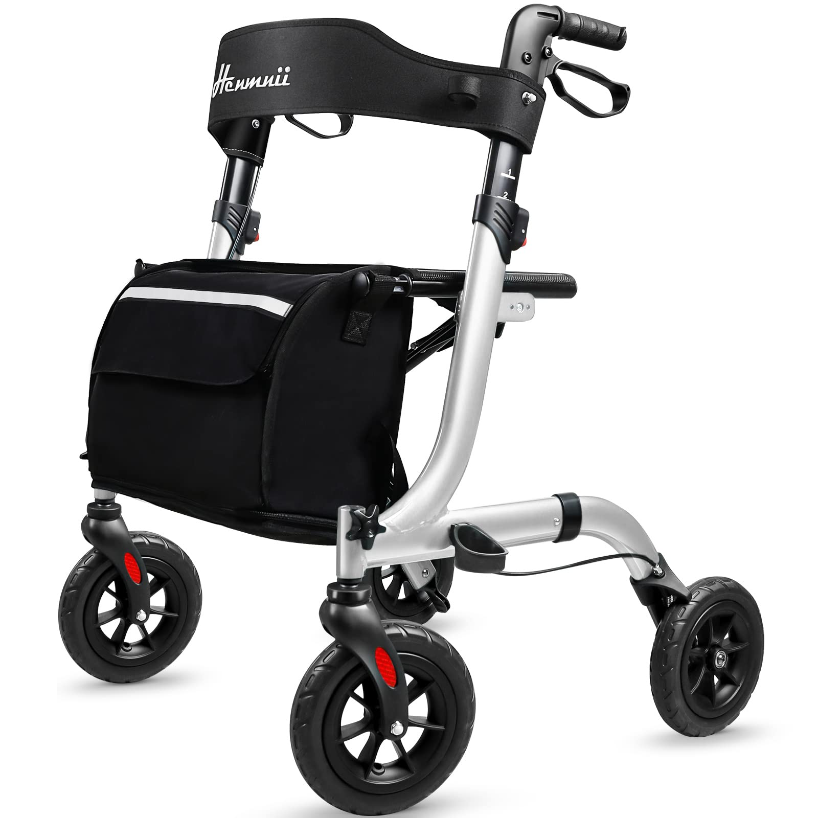 Photo 1 of (PARTS) (INCOMPLETE SET) Henmnii Rollator Walker for Seniors, Lightweight Foldable All Terrain Rolling Walker with seat, Aluminum Walkers with 8 inch Rubber Wheels, Handles and Backrest for Seniors and Adult