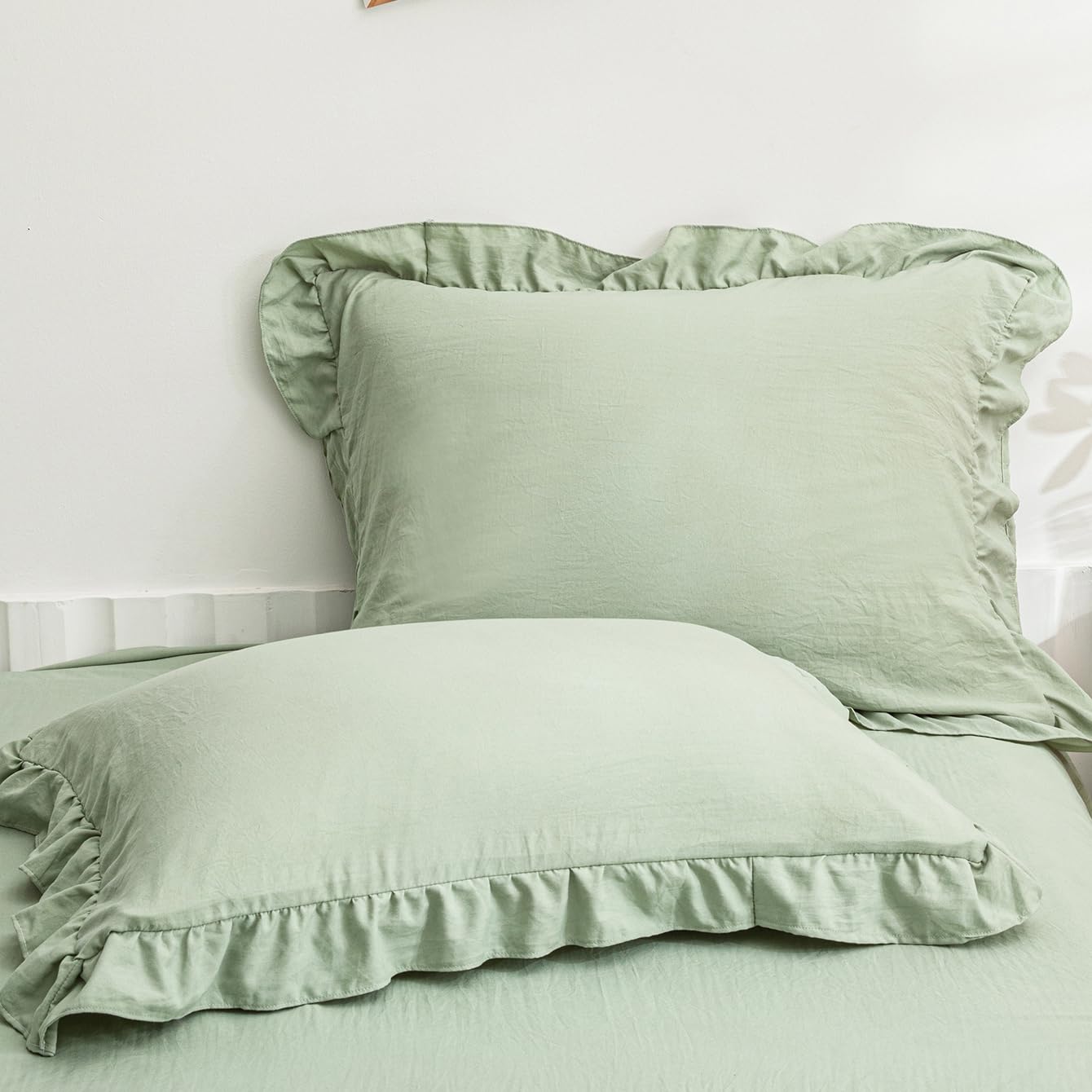Herside Green Ruffle Pillowcases Set of 2 Pillow Shams Ruffle Lace Design Soft Solid Color Pillow Cover 2 Pack (Green,50x75 cm)