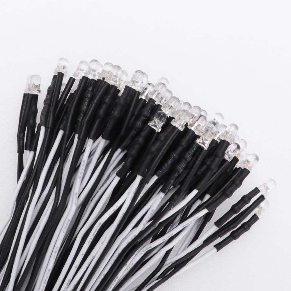 YIXISI 50 PCS 3mm LED Diodes Light, Ultra Bright 12V 20cm Pre Wired, Cold White