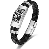 BIYONGDE Mens Black braided leather Bangle Bracelet, Vintage Stainless Steel Roaring Lion Head, Two-row