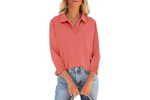 PGANDS Women's 3/4 Sleeve T Shirts Summer V Neck Button Down Polo Shirts Collared Casual Loose Fit Tops
