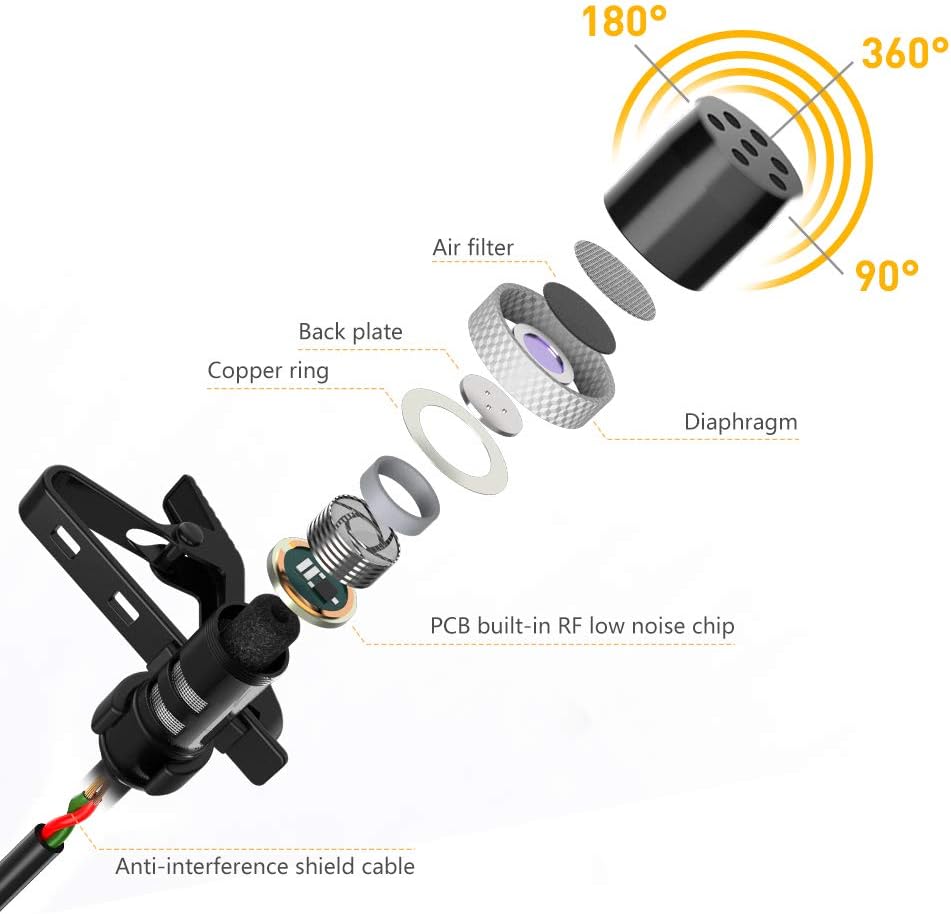 Microphone Professional for iPhone Lavalier Lapel Omnidirectional Condenser Mic Phone Audio Video Recording Easy Clip-on Lavalier Mic for Youtube, Interview, Conference for iPhone/iPad/iPod（IOS 6.6ft）: Musical Instruments