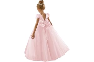JISISANG Flower Girls Lace Cap Sleeve Dress for Wedding Puffy Tulle Back V-Neck Pageant Prom Ball Gown with Bow