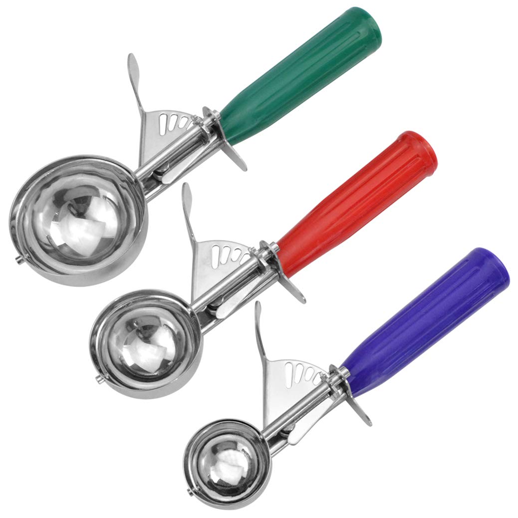 mifengda 3 Sizes Ice Cream Scoops Ice Cream Scoop With Trigger Release Cake Trigger Cookie Scoop Set Stainless Steel Spoon Scoopers With Plastic Handle for Kids & Families, 3Colors(Green, Red, Purple)