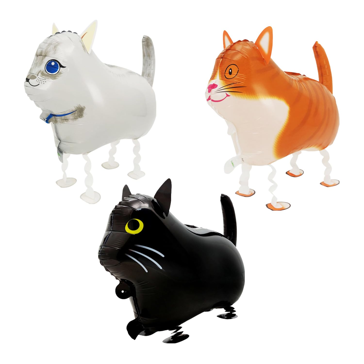 TYGFRT 3 Pieces Cat Balloons, Cute & Funny Cat-Shaped Walking Balloons, White, Orange, Black, Reusable, Perfect for Birthdays & Parties