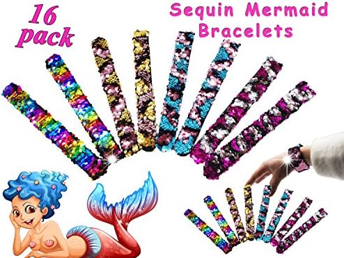 Neathouse 16 Pack Mermaid Sequin Bracelets for Party Favors,Sequin Slap Wristband for Kids and Adults