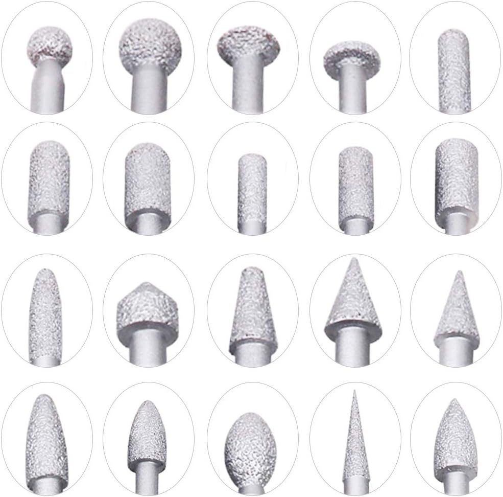 20Pcs Brazed Grinding Head Rotary Burrs Abrasive Lapidary Carving Tools,Shank 6mm (1/4") 46 Grit for Stone, Concrete, Ceramic, Diamond Mill, Diamond Grinding Heads