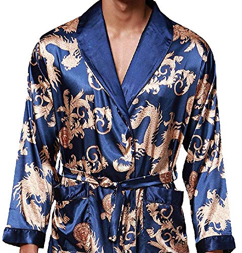 VERNASSA Mens Satin Robe Silk Long Sleeve Kimono Bathrobe Sleepwear Loungewear Royal Blue