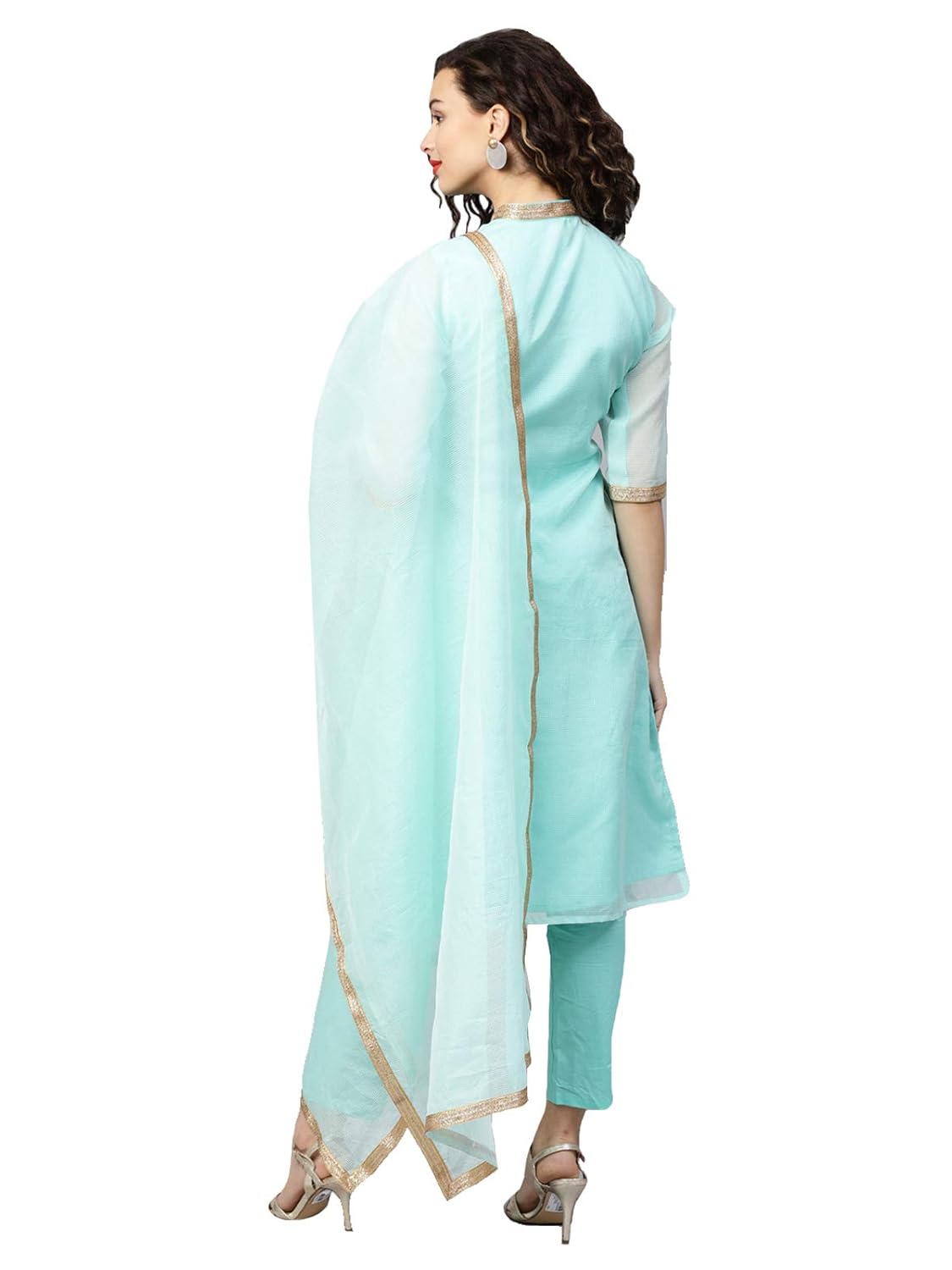 inddus blue cotton kota-checks party wear suit set with dupatta